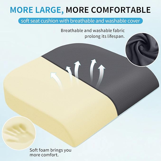 Large Seat Cushion, Soft Foam Cushion for Long Sitting Hours on Office Chair, Home & Car, Non-Slip Chair Pad for Relieving Back & Sciatica & Hip & Coccyx Pain (Grey)
