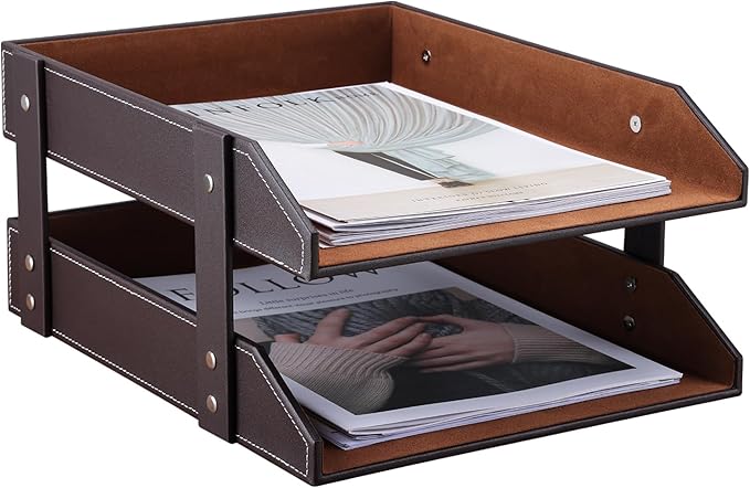 KINGFOM Letter Tray, Leather Paper Organizer Tray, Wooden Desk File Holder, Desktop File, Stackable Magazine Holder, Mail Sorter, Great for Home or Office - 2 Level Brown