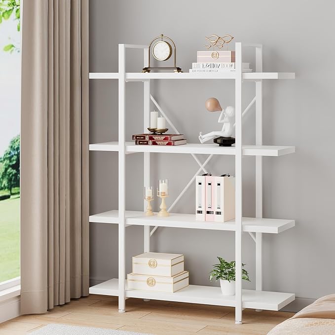 HSH 4 Tier White Bookshelf, Modern 4 Shelf Etagere Bookcase, Industrial Wood and Metal Storage Shelves and Display Book Rack, Farmhouse Open Wide Book Shelf for Bedroom Living Room Office, White Oak