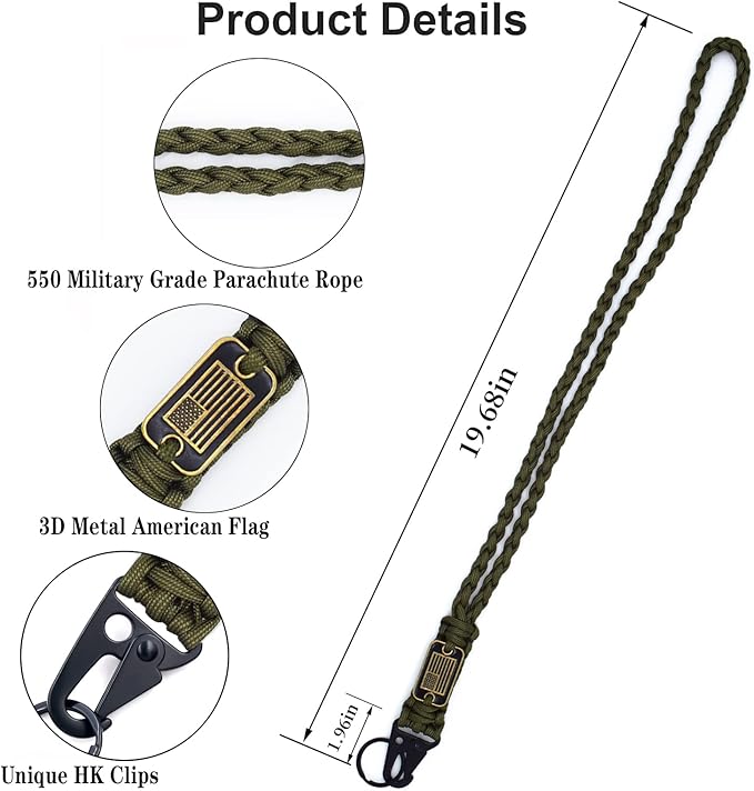 Heavy Duty Braided Paracord Lanyard Keychain with USA Flag, Parachute Rope Necklace Keychains, Braided Strong Lanyard with Metal HK Clip Key Ring for Outdoor Activities, Camera, Traveling