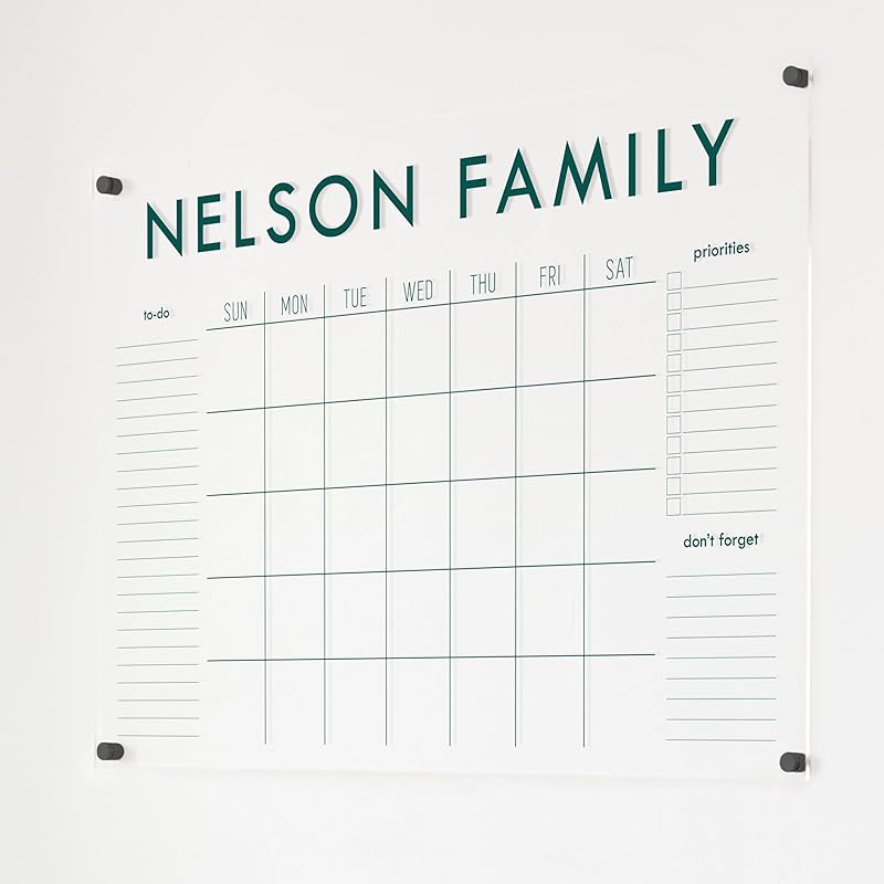 Personalized Clear Acrylic Calendar for Wall, Calendar Whiteboard for Wall, Dry Erase Wall Calendar, Wall Calendar Organizer System for Home (Block, Jade, 38"W x 26"H)