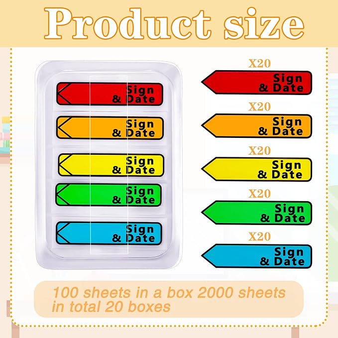 Teling 2000 Pcs/ 20 Packs Sign Here Sign Date Tabs Stickers Colored with Dispenser Arrow Flag Tabs with Dispenser Easy to Post for Notary Books Paper(Classic Style)