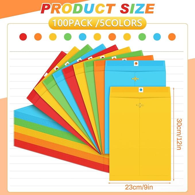 Geyee 100 Pcs Clasp Manilla Envelopes 9 x 12 Inch Gummed Colored Envelopes for Storing or Mailing for Home Office Business Supplies(Multicolor)