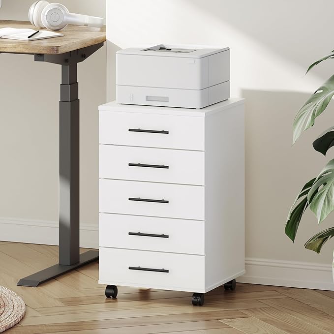 HOOBRO 5-Drawer File Cabinet, Office Cabinet with Drawers, Wooden Storage Cabinet with Wheels for Makeup, Home Office, Study, Easy Assembly, White WT05WJ01G1