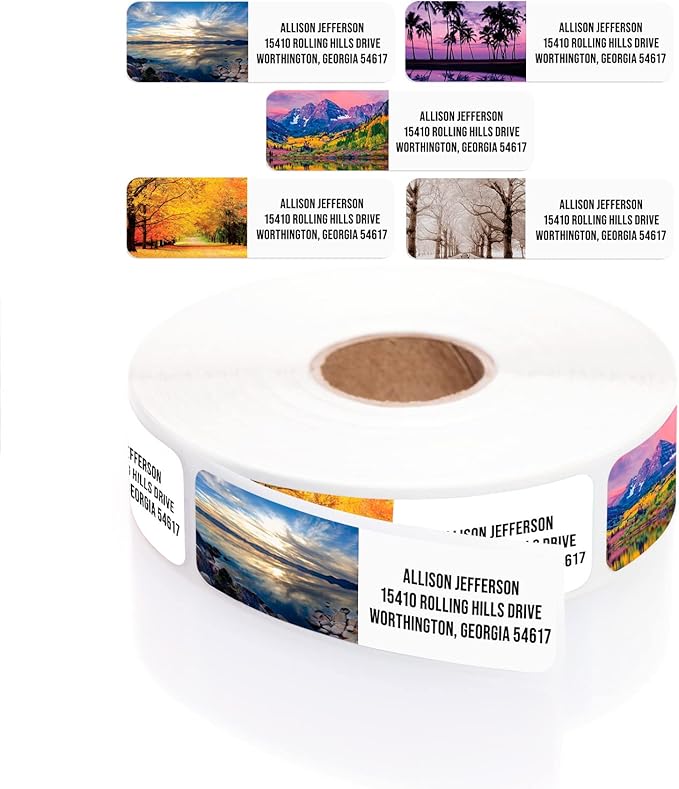 Scenic Landscape Rolled Address Labels / 500 Personalized Return Address Labels/Designer Address Stickers in Elegant Plastic Dispenser