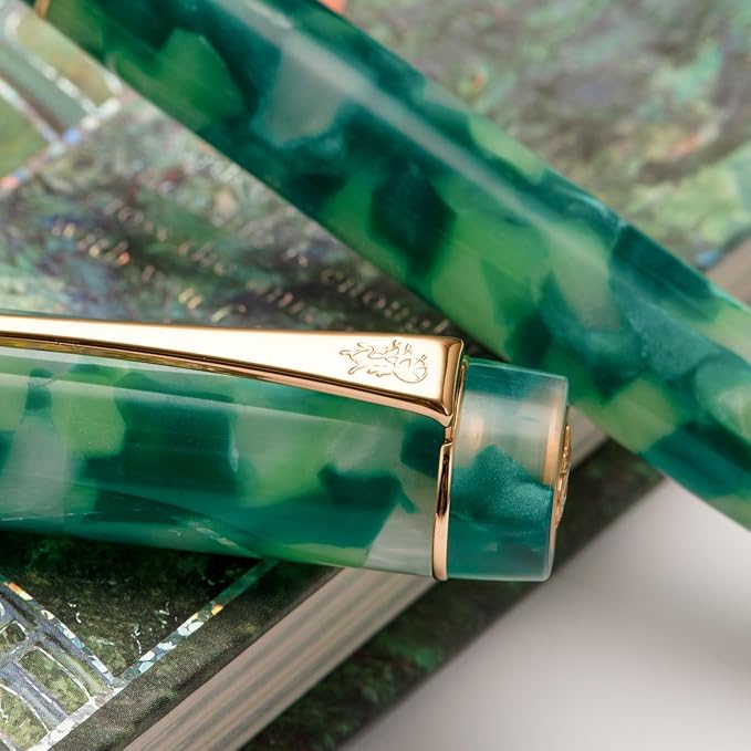 Jinhao 100 Fountain Pen Celluloid Classic Style, #6 Nib Smooth Writing Instrument with Refillable Converter and Pen Case Set