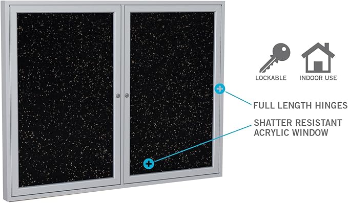 Ghent 36"x24" 1-Door indoor Enclosed Recycled Rubber Bulletin Board, Shatter Resistant, with Lock, Satin Aluminum Frame,Black (PA132TR-BK),Made in the USA