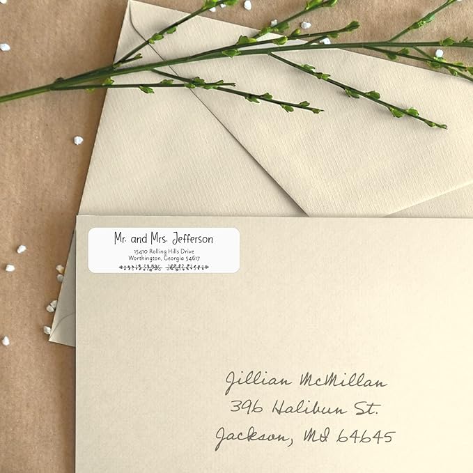 Black and White Botanical Rolled Address Labels / 500 Personalized Return Address Labels/Designer Address Stickers in Elegant Plastic Dispenser