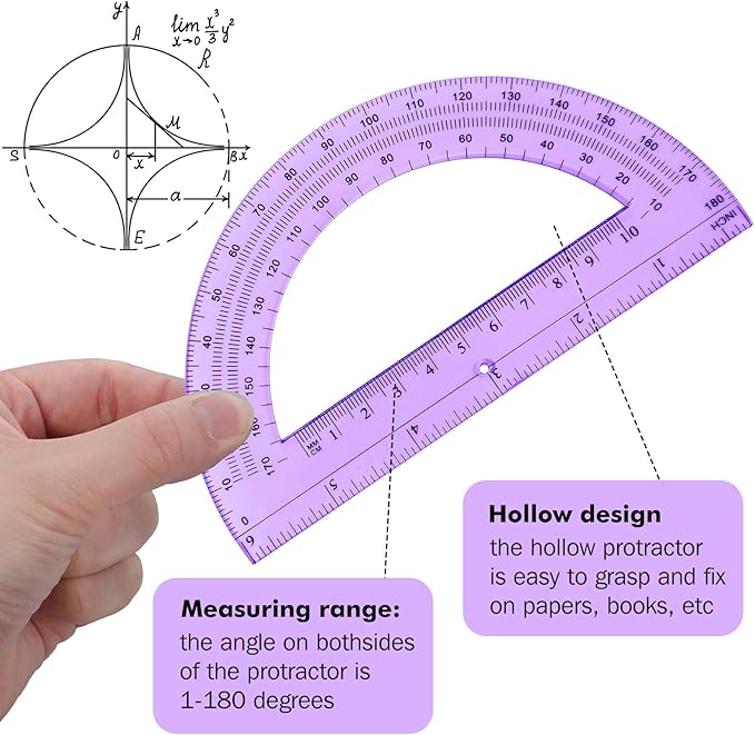 Zonon 2 Pcs 6 Inch Plastic Protractor Math Protractors 180 Degrees Angle Measurement, Translucent for Geometry Classroom Kid Student School Office Supplies(Purple)