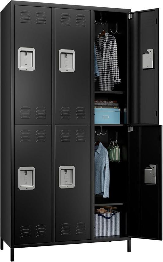 6 Doors Metal Lockers for Employees with Lock, Metal Locker with 18 Hooks for School Garage Office Gym Home,Assembly Required,Black