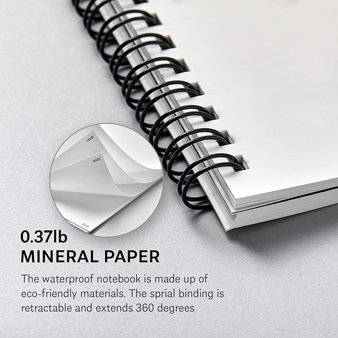 GAK. Stone Paper Notebook | No Lines Spiral Notebook Waterproof Sheet Aesthetic Journal for Note Taking | Notebooks for Work & Aesthetic School Supplies | Medium Size, Black (5.8”x8.3”, 50 sheets)