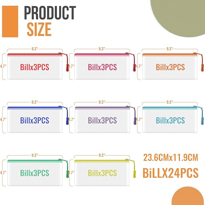 24pcs Mesh Zipper Pouch Bags 9.3 x 4.7 Inches, 8 Color Small Clear Pouches Bulk, Travel Cosmetics Organization, Classroom and Office Supplies