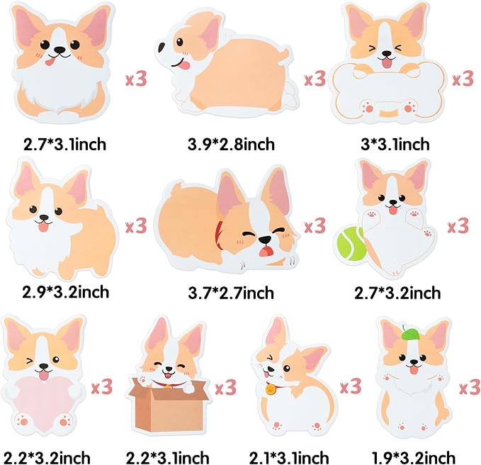 30 Pack Corgi Sticky Notes - Cute Cartoon Corgi Self Sticky Notepads Writing Memo Pads Animal Page Marker for Back to School Office Supplies Party Favors Goodies Bag Fillers, Total 600 Sheets