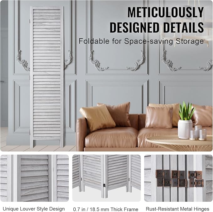 VEVOR Wood Room Divider, 6 Panel Wood Folding Privacy Screen, 66.9 Inches Tall Indoor Louvered Wooden Partition, Portable Decoration Screen, for Room Separation, Home, Office, Restaurant & Bedroom