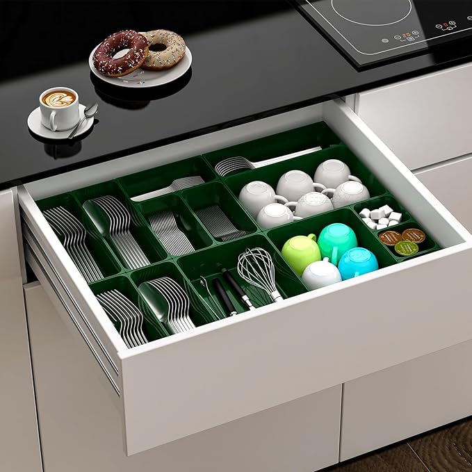 60 Pcs Plastic Drawer Organizer Set,5 Size Small Storage Containers for Organizing Jewelry,Utensil,Junk,Tea,Makeup,Shallow Drawer Organizers Tray Suitable for Office,Desk,Bathroom,Vanity,Kitchen,Green