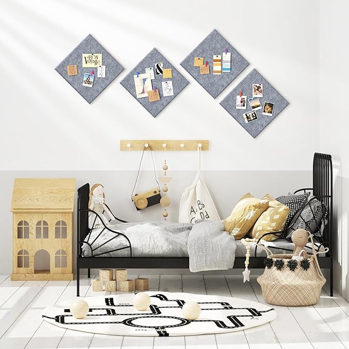 4 Pack Cork Board Tiles 12x12 Inches, 1/2" Thick Felt Cork Squares with 30 Push Pins, Bulletin Board Pin Board, Adhesive Cork Board for for Wall for Home, Office, and Kitchen (Gray)