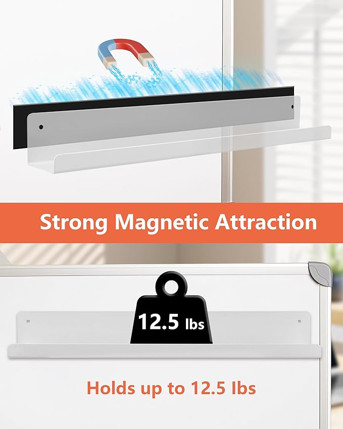 Magnetic Book Shelf for Whiteboard, Reusable Metal Magnetic Bookshelves with Strong Adsorption Capacity, 2-Pack 17'' for Classroom Whiteboard Office & Fridge Storage, Holds up to 12.5 lbs
