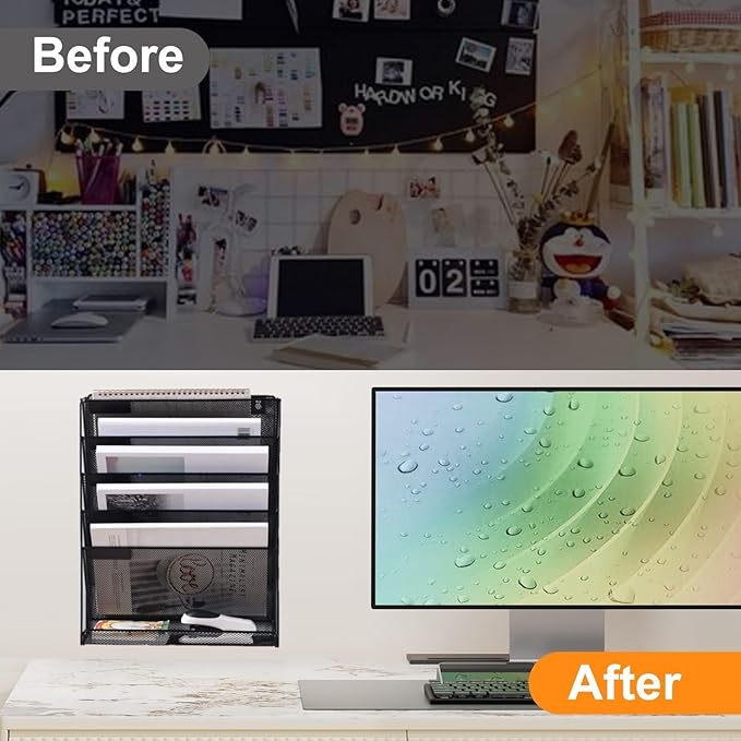 Kuntine.B 6-Tier Wall File Organizer Hanging File Organizer Cubicle Organizer Wall File Holder for Office Home, Black