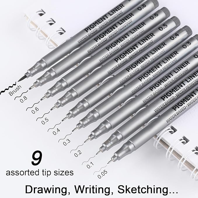 Dyvicl Micro-Pen Fineliner Pens, Black Pigment Liner Multiliner Archival Ink Micro Fine Point Pens for Drawing, Sketching, Journaling, Doodling, 9 Pack