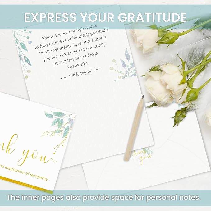 50 Pack Funeral Thank You Cards with Envelopes & Stickers, Watercolor Thank You Sympathy Cards for Funeral with Meaningful Message, Bereavement Card for Memorial Service, Funeral