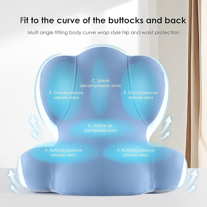 FLORICH Memory Foam Truck Seat Cushion with Adjustable Strap,Seat Cushion and Lumbar Support Pillow for Car Office Chair, Ergonomic Back Support & Sciatica Relief for Long Drives(Blue)