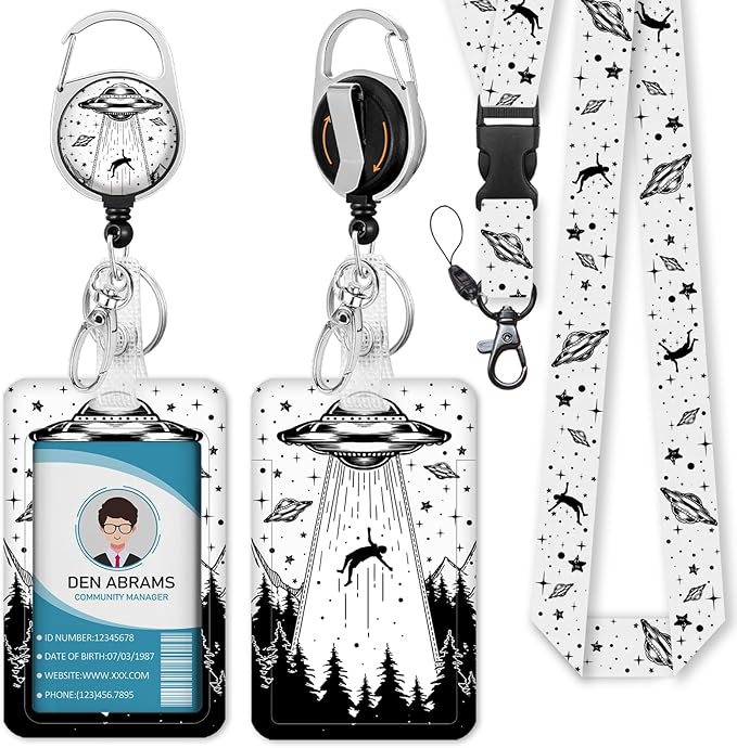 Lanyards for Id Badges, Badge Holder with Retractable Badge Reel Clip, Art UFO Night Work Card Name Tag Keychain Lanyard Vertical ID Card Protector for Women Nurse Doctor Teacher Student