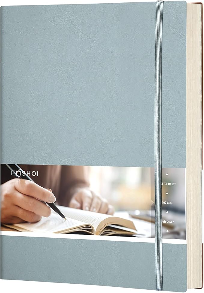 EMSHOI Dotted Journal Bullet Notebook, B5 Large Softcover Leather Journal, 192 Numbered Pages 100gsm Thick Dot Grid Notebook for Drawing Women Men Work School Supplies, 7.48"x10.15"-GrayBlue