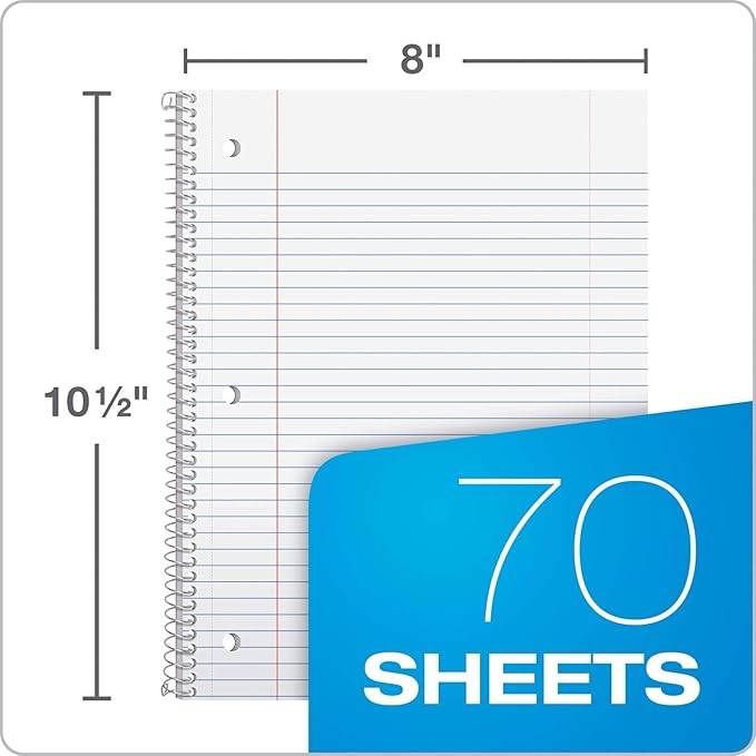 Oxford Spiral Notebooks, Bulk College Ruled Spiral Notebooks for School, 1-Subject, College Ruled Paper, 70 Lined Sheets, 24 per Pack, 3-Hole Punch, Colors May Vary (65021)