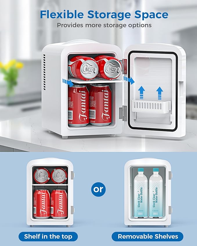 Mini Fridge, 4L/6 Cans Cooler & Warmer Portable Compact Refrigerator, Small Skincare Fridge for Makeup Food and Drinks, Small Cooler for Bedroom, Cosmetics, Car, Office, White