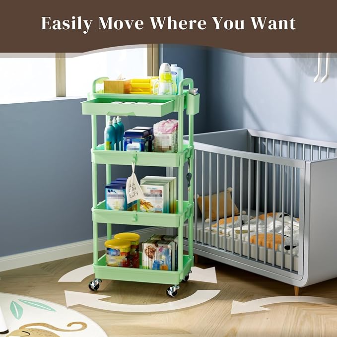 4 Tier Rolling Utility Cart with Drawer, Utility Storage Organizer with Plastic Shelf & Lockable Wheels Multifunctional Storage Cart for Kitchen, Bathroom, Office, Living Room, Green