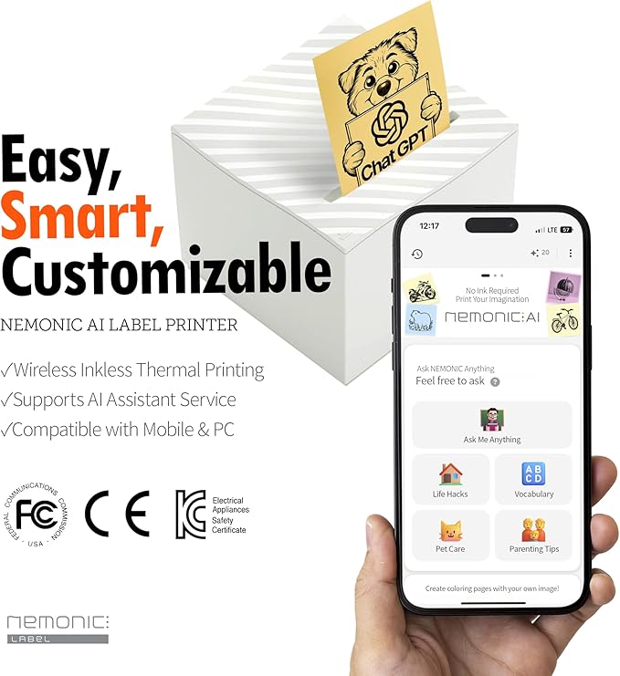 Nemonic AI | Label Printer | Sticky Note | Compatible with CHATGPT | Inkless Bluetooth Thermal Label Printer for Small Business | Portable Wireless