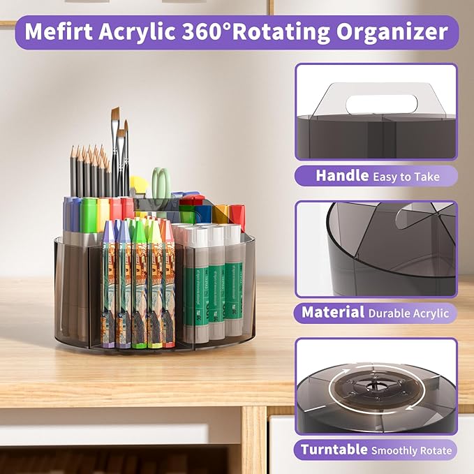 Acrylic Pen Organizer, 360 Degree Rotating Desk Organizer with 6 Compartments Crayon Holder for Office, School, Home, Art Supply, Grey