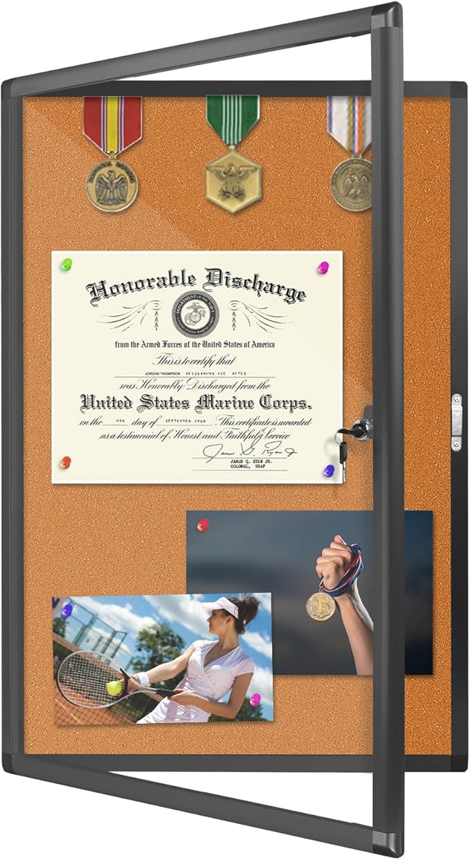 Outdoor Enclosed Bulletin Board, Weatherproof Cork Noticeboard with Clear Acrylic Locking Door, Wall-Mounted Black Aluminum Framed Display Case,36x24in (5xA4)
