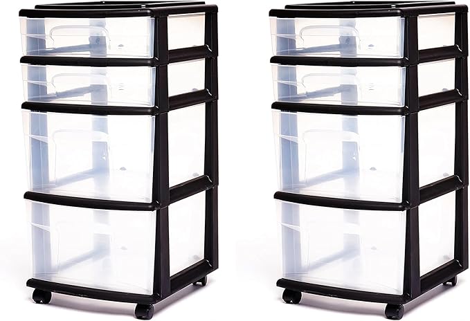 Homz Plastic 4 Clear Drawer Medium Home Organization Storage Container Tower with 2 Large Drawers and 2 Small Drawers, Black Frame (2 Pack)