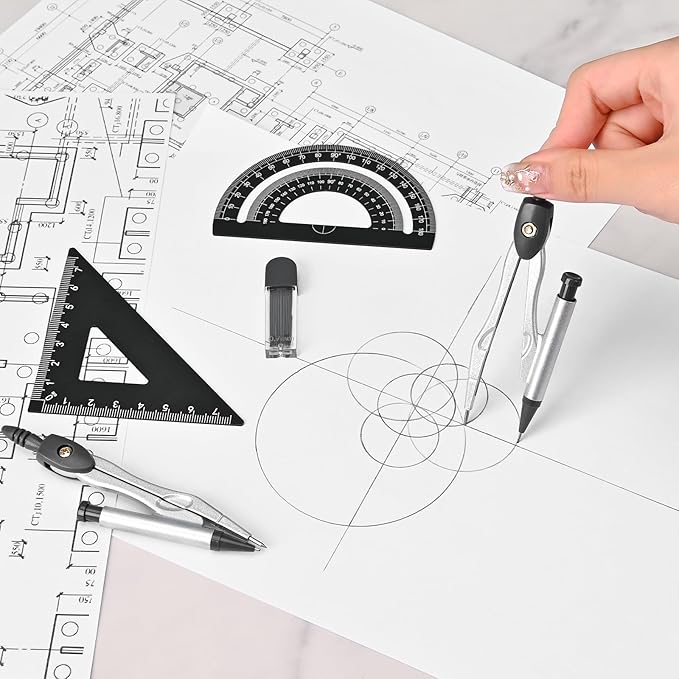 6 Pcs Metal Geometry Set, Math Geometry Kit, Metal Ruler Set and Compass Geometry Tool, Rulers Protractor and Compass Set for Student School and Drawings Supplies (Black)