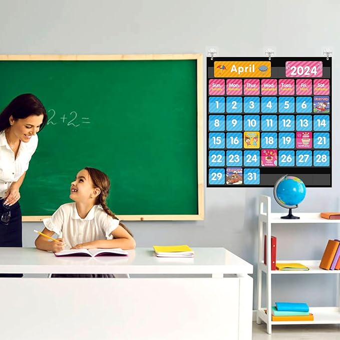 REGELETO Large 44 Pockets Calendar Pocket Chart for Classroom with 85 Cards, Size:25” X 24” Monthly Calendar and Weather Black Pocket Chart for Kids Learning for Home or Kindergarten (44 Pockets)
