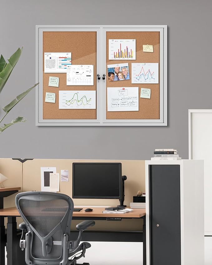 48"x36" Enclosed Bulletin Board, Outdoor Lockable Weather-Resistant Aluminum Cork Noticeboard for School & Office, Silver Frame w/Cork