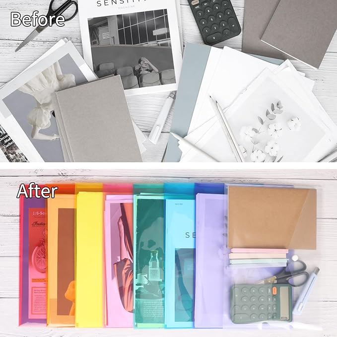 EOOUT 48 Pack Plastic Envelopes Poly Envelopes with Snap Closure, Clear Document File Folders, A4 Letter Size for School Home Work Office Organization, 8 Colors