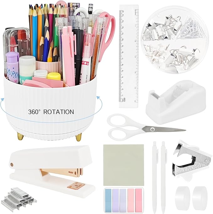 Rotating Desk Organizers and Accessories, 15pcs White Office Supplies Pen Holder for Desk Organizers and Accessories with White Stapler and Tape Dispenser Set, Cute Desk Accessories for Men Women Gift