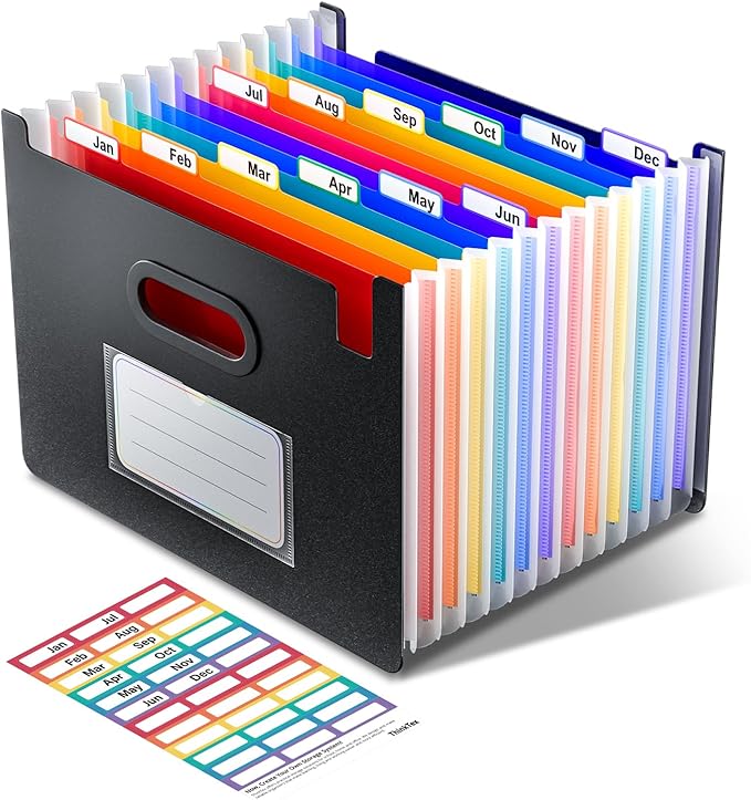 ThinkTex 12 Pockets Accordion File Organizer, Upright & Coverless, Monthly Colorful Tabs, Larger Capacity Expanding File Folder, Letter/A4 Size for School, Home and Office - Black