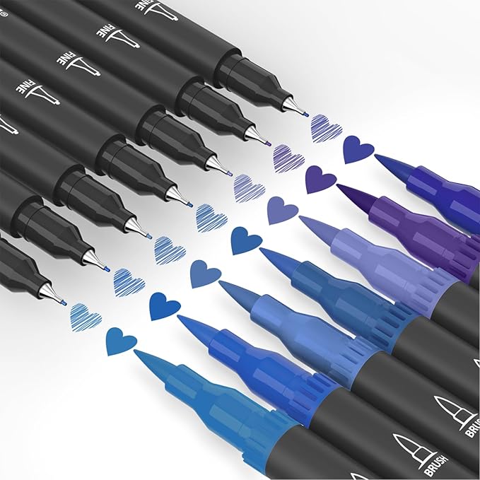 Mogyann Blue Markers, 12 Pack Dual Brush Pens Drawing Markers for Art Sketching