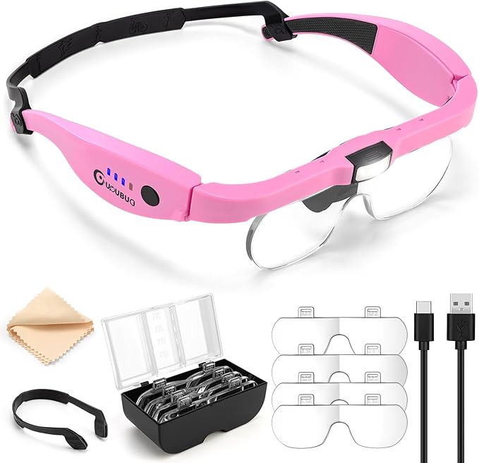 Magnifying Glass with Light, 1.5X-5.0X Magnifying Glasses, Rechargeable Magnifying Headset with Light, Head Magnifier with 4 Detachable Lenses, Magnifying Glasses for Close Work Crafts Jewelry