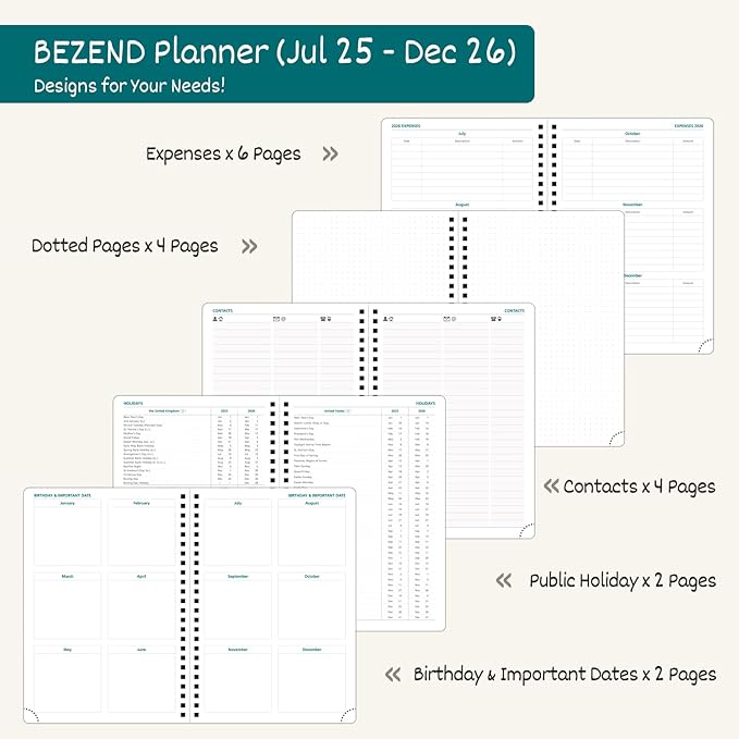 BEZEND Weekly Planner 2025-2026 with 2 Columns, 5.8" x 8.5" Academic Calendar 18 Months (Jul 25-Dec 26) Life Work Appointment Book with Monthly Tab, PU Leather Softcover Spiral - Evergreen