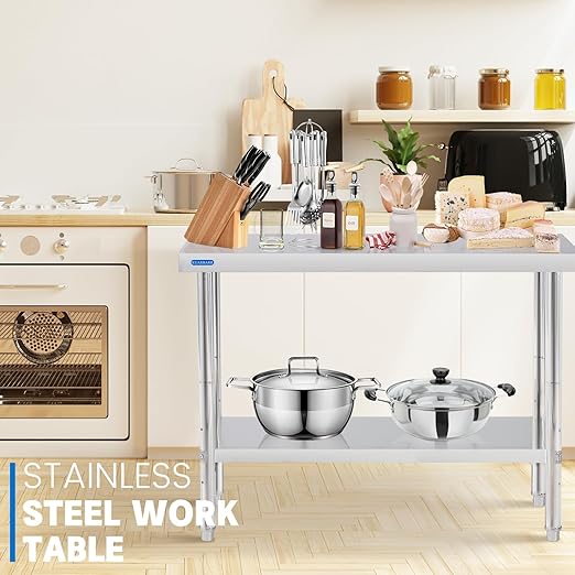 Stainless Steel Table for Prep & Work with Undershelf 24 x 48 Inches NSF Metal Commercial Kitchen Adjustable Under Shelf Worktable for Restaurant Home Outdoor