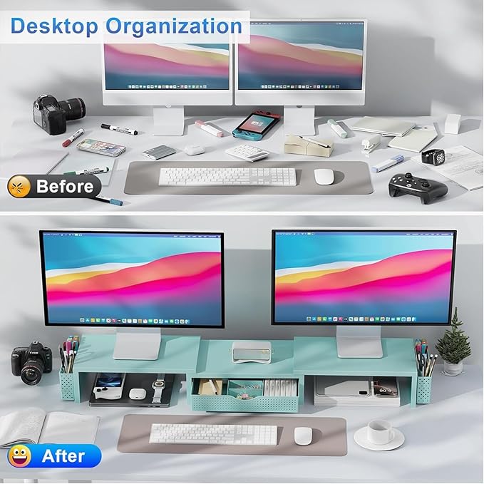 gianotter Dual Monitor Stand Riser, Desk Organizer With Drawer and 2 Pen Holders, Monitor Stand for Desk, Office Decor Essentials (Blue)