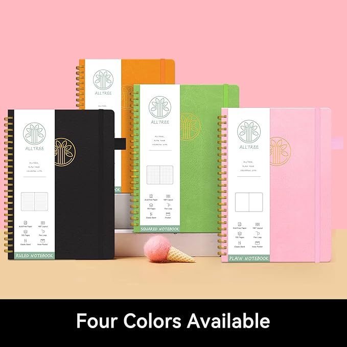 Alltree Large Graph Notebook Journal, Spiral Graph Grid Notebook for Work, Spiral Notebook with Pen Loop, Pocket, Stickers, 160 Pages, Journal for Women & Men, Pink(6"x8.5")