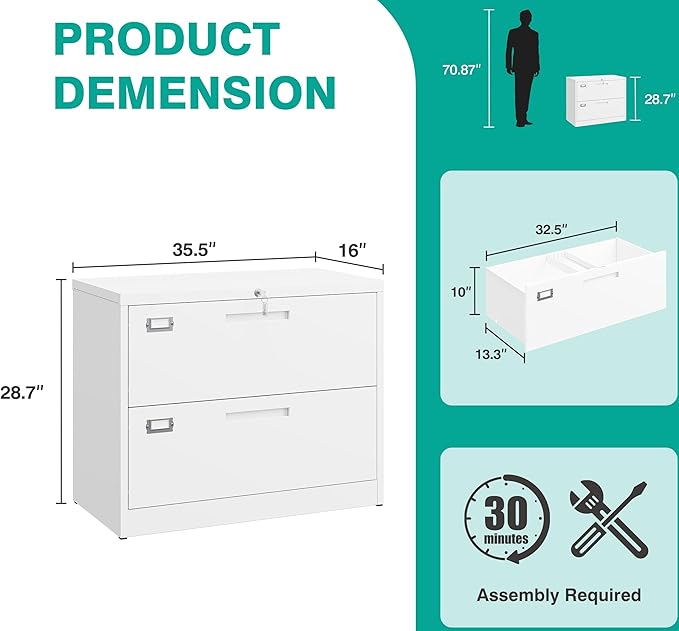 SISESOL 2 Drawer Lateral File Cabinet with Lock,White Lateral Filing Cabinet,Horizontal Metal Filing Cabinets,Locked Wide Two Drawer File Cabinets for Office Home,Fit A4/F4/Letter/Legal File