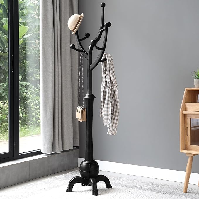 Heavy Duty Coat Rack Freestanding Wood Tree Rack with 8 Hooks, Unique Design Tree Branch-look, Premium Coat Tree Clothes Hanger Stand with Sphere Base for Entryway, Hallway, Bedroom-Load 160lbs Black
