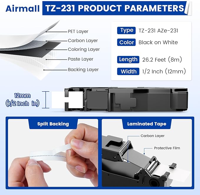 Airmall Tze 12mm 0.47 Laminated White Label Maker Tape Refill Compatible with Brother 12mm .47 Laminated White Tz Tape TZe-231 TZ-231 for PT-D200 D210 D220 H110 D410 P710BT 1750 1180, 20Pack