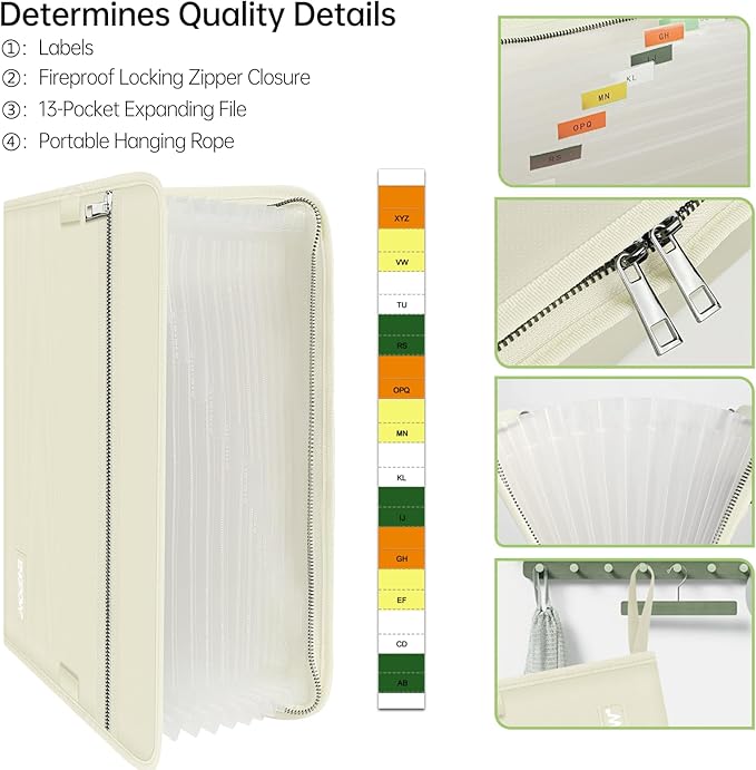 ENGPOW Accordion File Organizer,Fireproof 13 Pockets Expanding File Folder,Document Organizer Folder with Zipper＆Labels,Portable Home Travel Safe Storage for Letter A4 Files and More,Beige